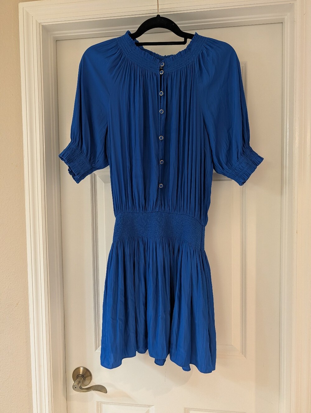 Ramy Brook Drop Waist Smocked Lined Button Front Blue Midi Dress Size Medium